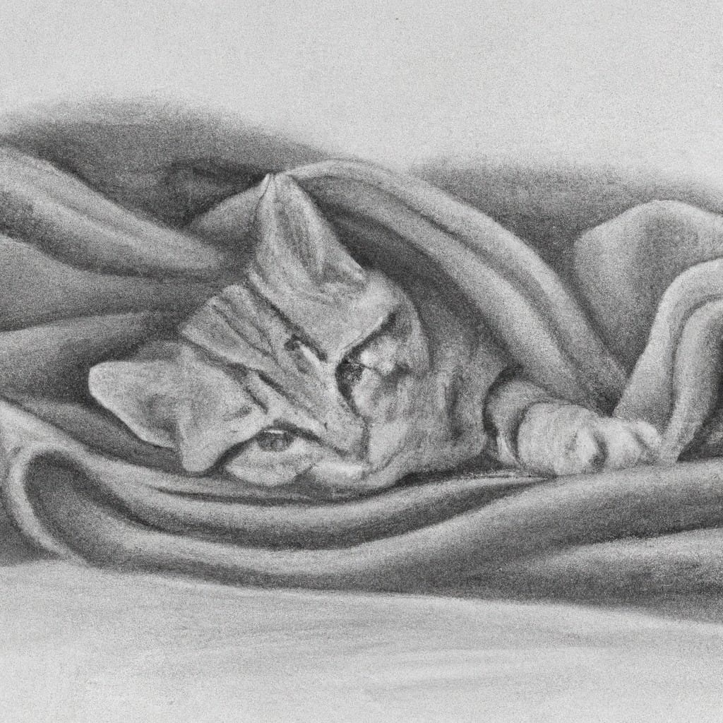 A kitten lying comfortably on a soft blanket.