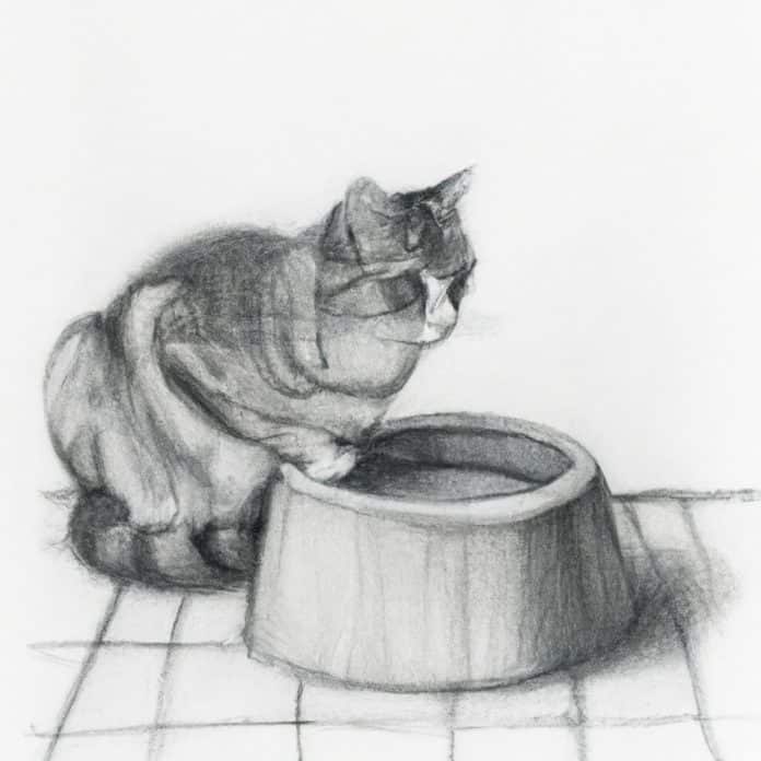 Cat sitting near a water bowl.