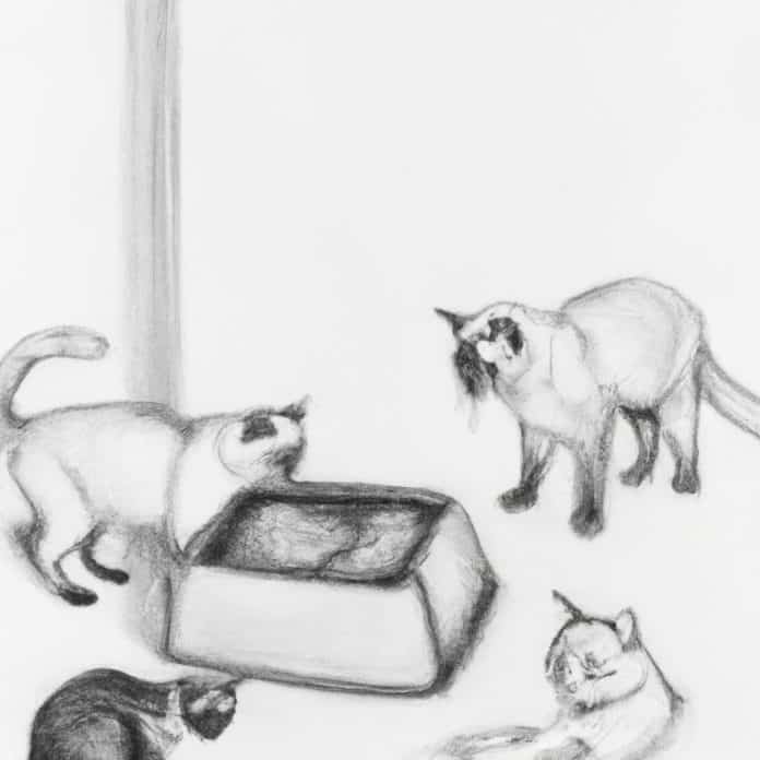 Several cats interacting near a litter box.