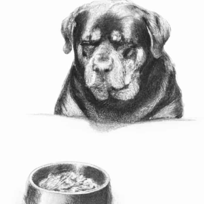 Rottweiler looking sadly at his bowl of undigested food.