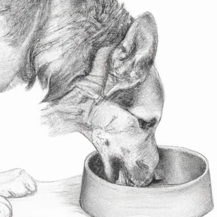 Dog drinking water from a bowl.