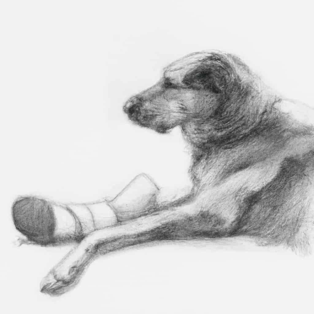 Dog with a bandaged leg resting comfortably.