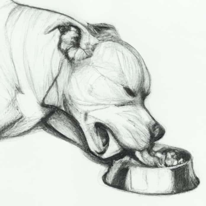 Pitbull happily eating from a food bowl.