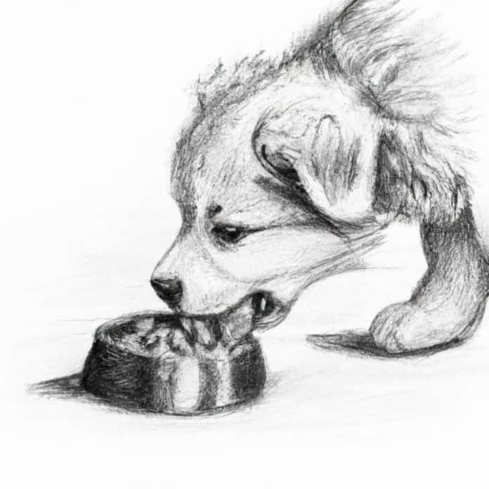 Puppy eating dog food cautiously