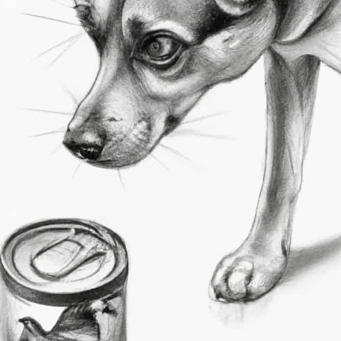 Dog eagerly looking at a can of chicken