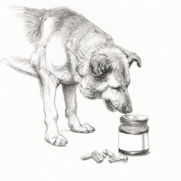 Dog examining a container of supplements.
