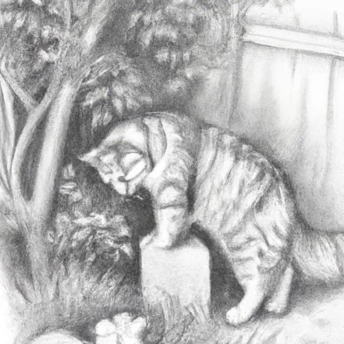 cat exploring a garden.