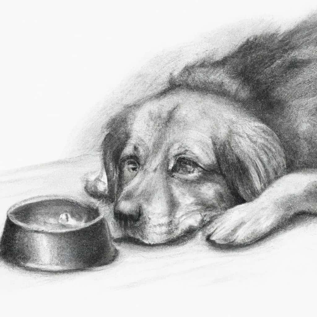 dog looking sad while lying down near a food bowl.