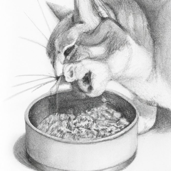 cat happily eating from a food bowl