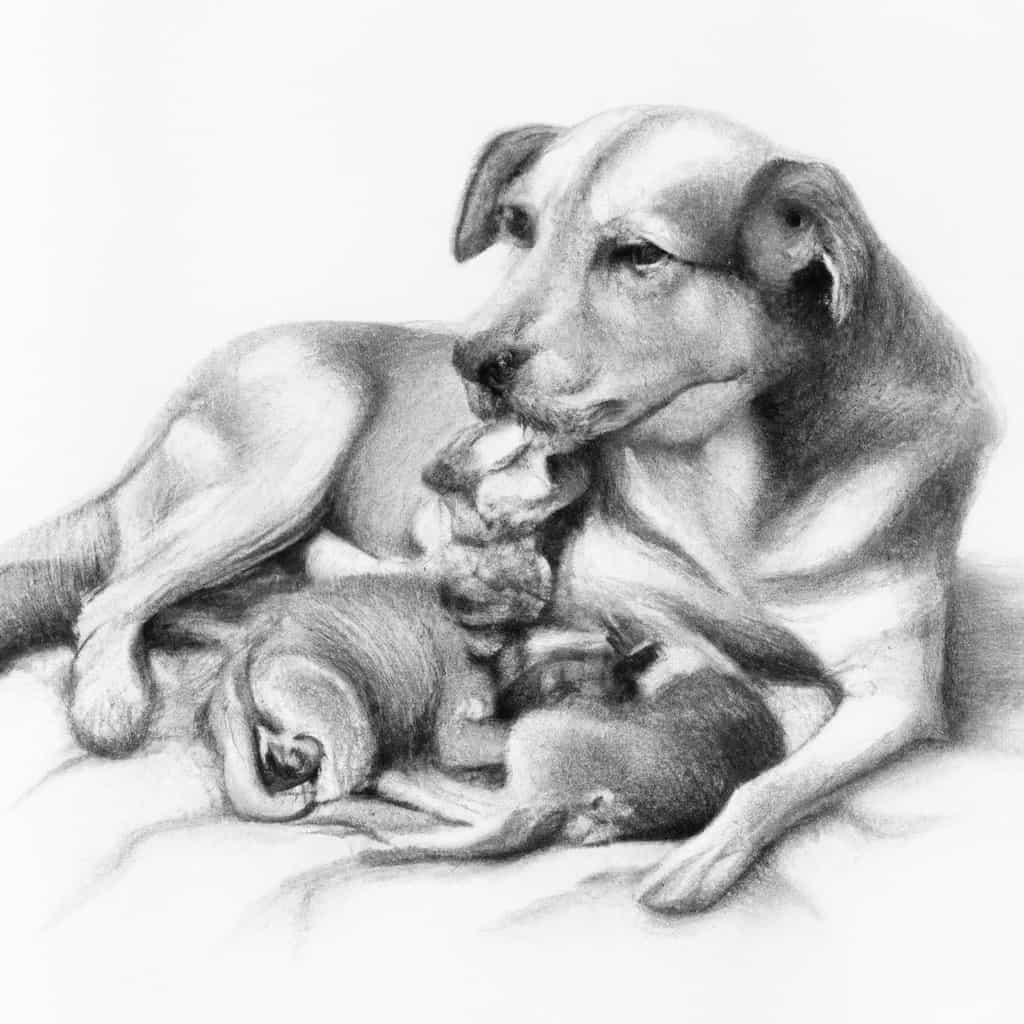 Mother dog nursing her puppies.