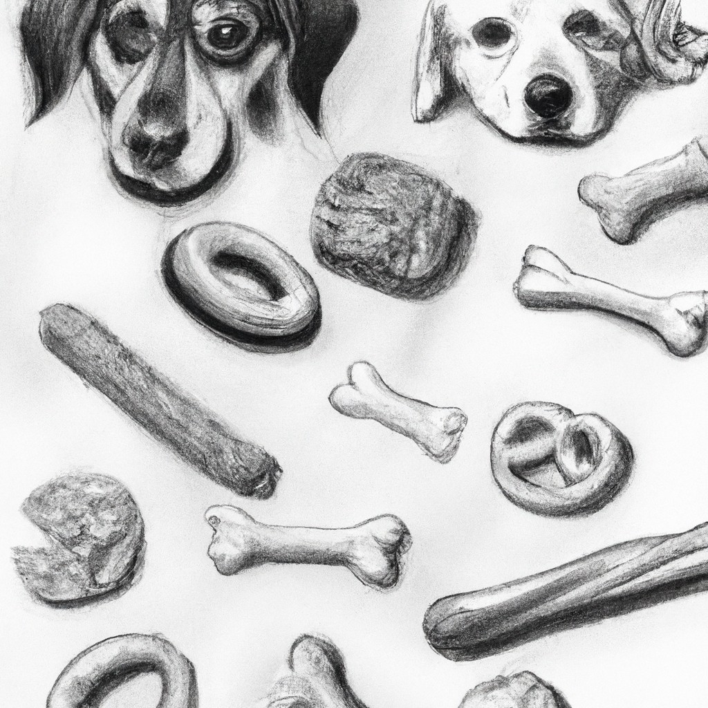 Various dog treats displayed with happy dogs around.