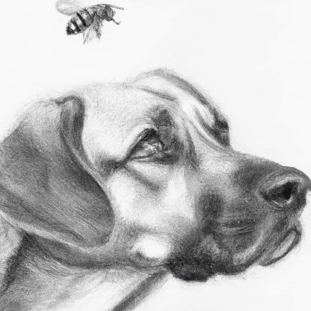 dog looking curiously at a wasp.