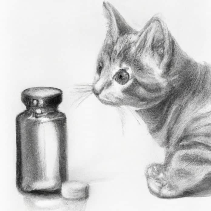 Kitten curiously looking at a bottle of medication.
