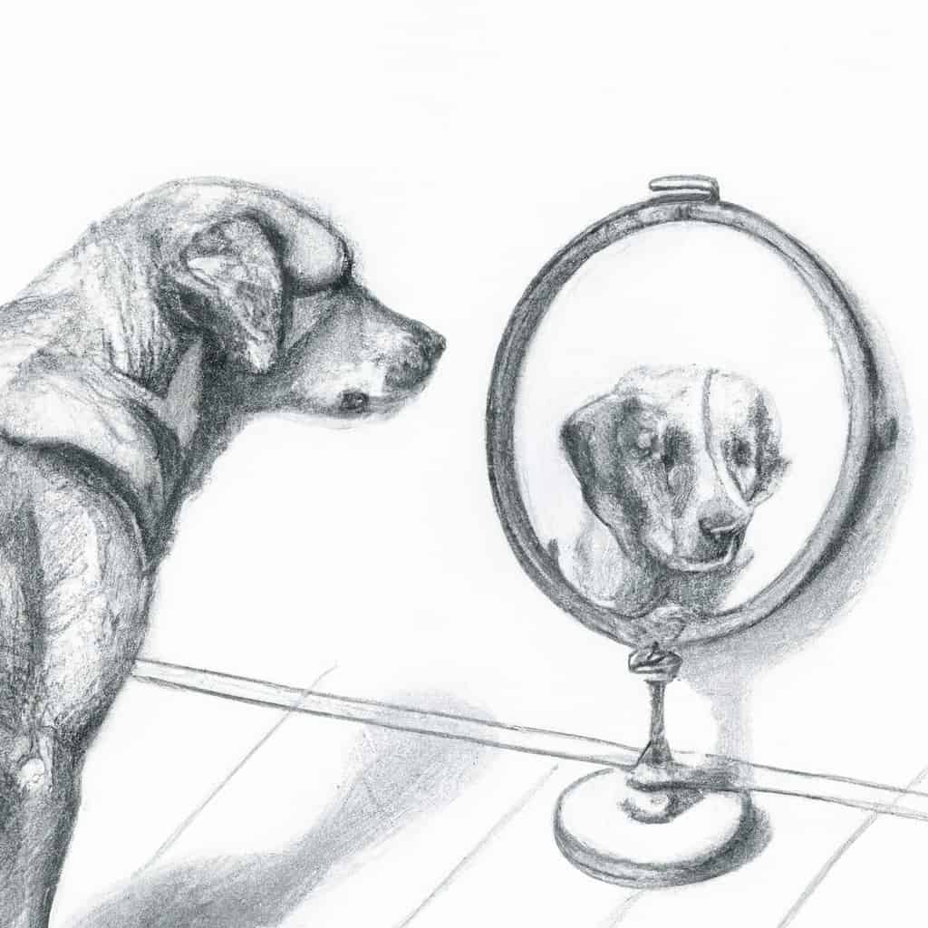 Dog looking curiously at its reflection in a mirror.