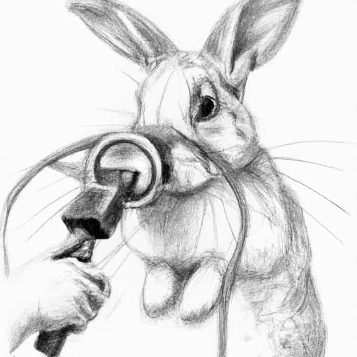 Rabbit undergoing an examination with an ophthalmoscope.