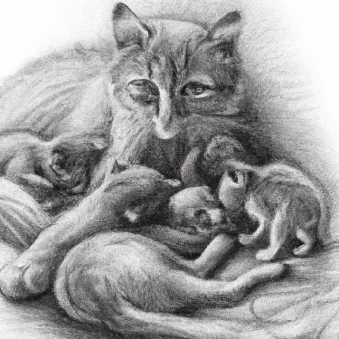 Cat nurturing orphaned kittens.