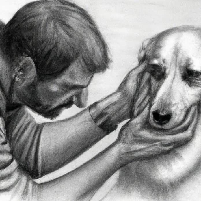 concerned dog owner comforting their pet