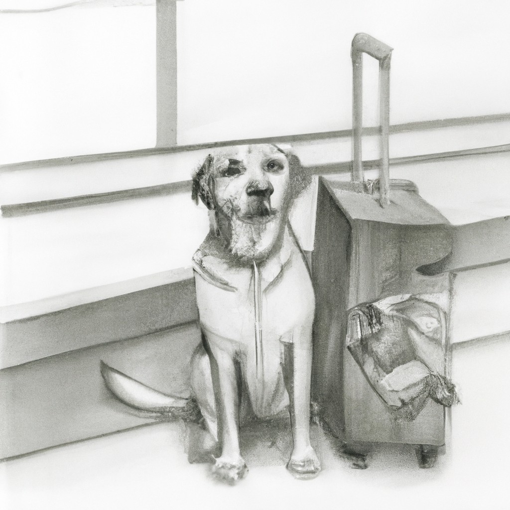 dog happily waiting at an airport with a suitcase