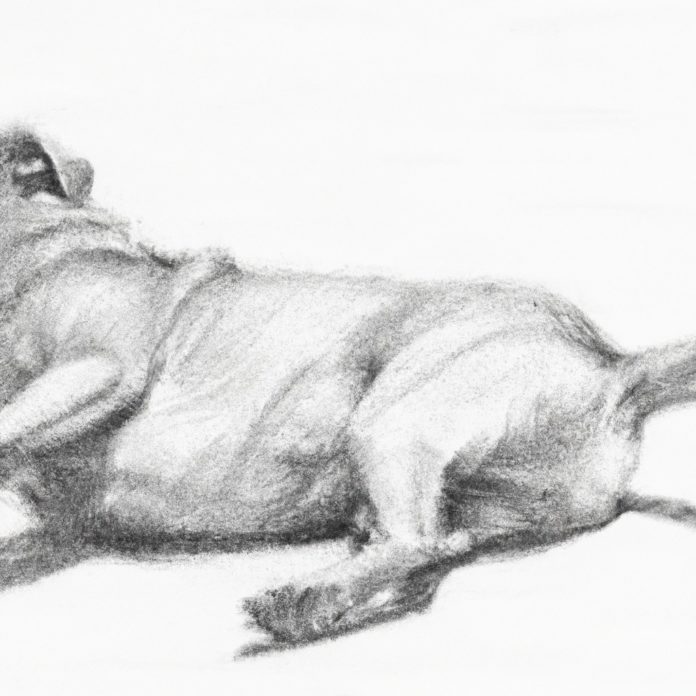 dog lying down while holding its right rear leg up slightly