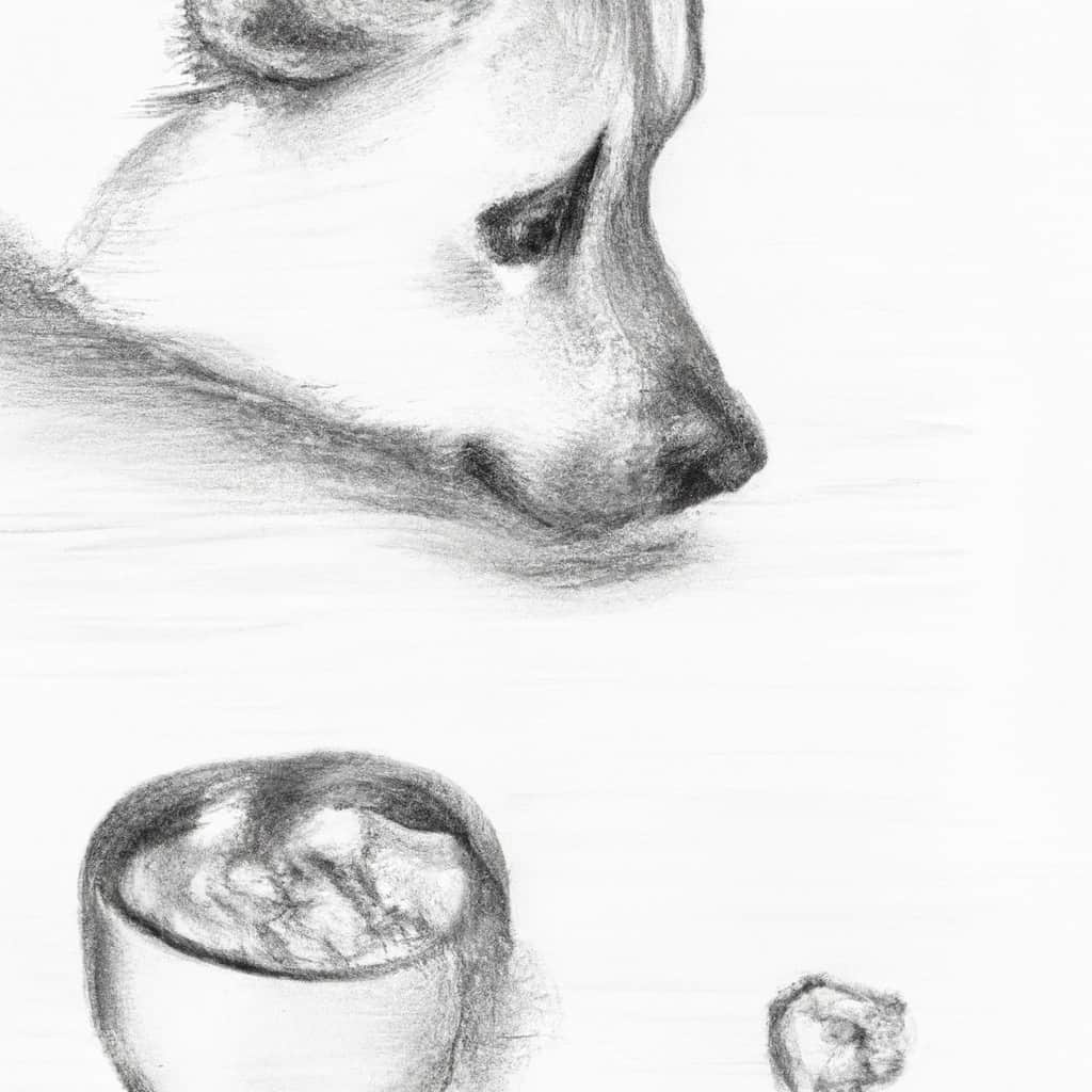 Dog curiously looking at a bowl of ice cubes.