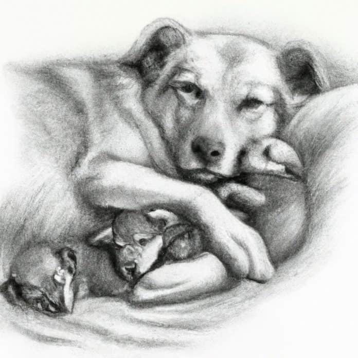a dog mother cuddling with her newborn puppies