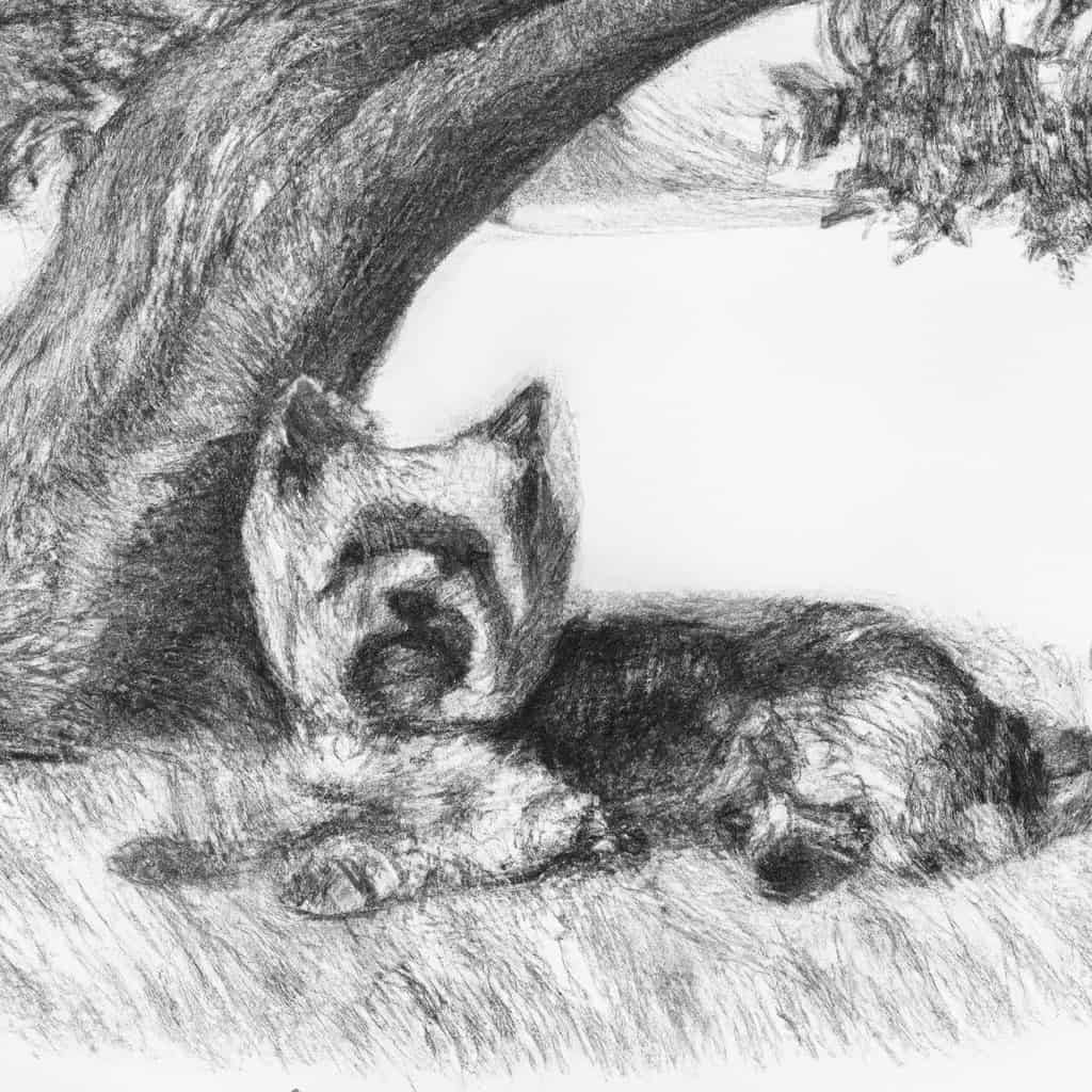 Yorkie relaxing under a shaded tree.