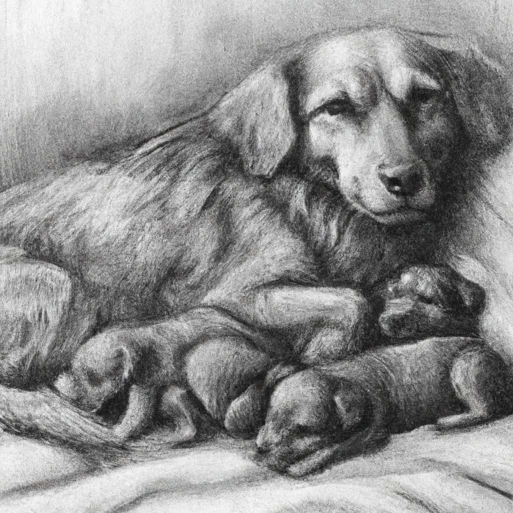 a dog with puppies in a cozy