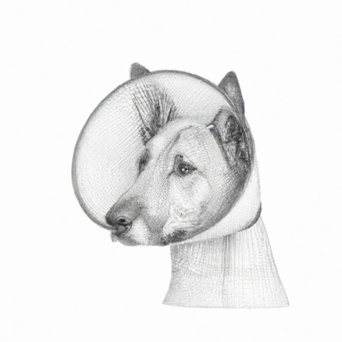 Dog wearing a protective head cone.