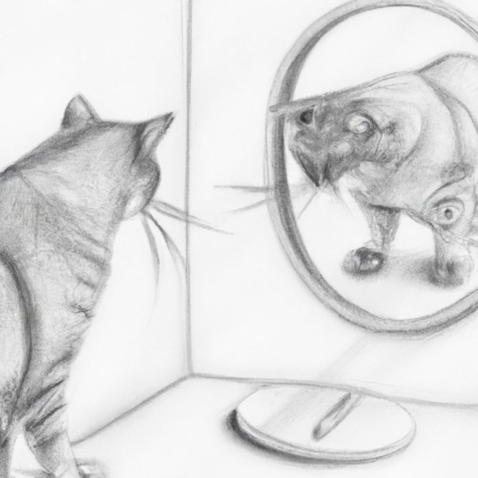 A perplexed cat examining its reflection in a mirror.