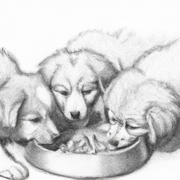 Group of puppies eating together from a bowl.