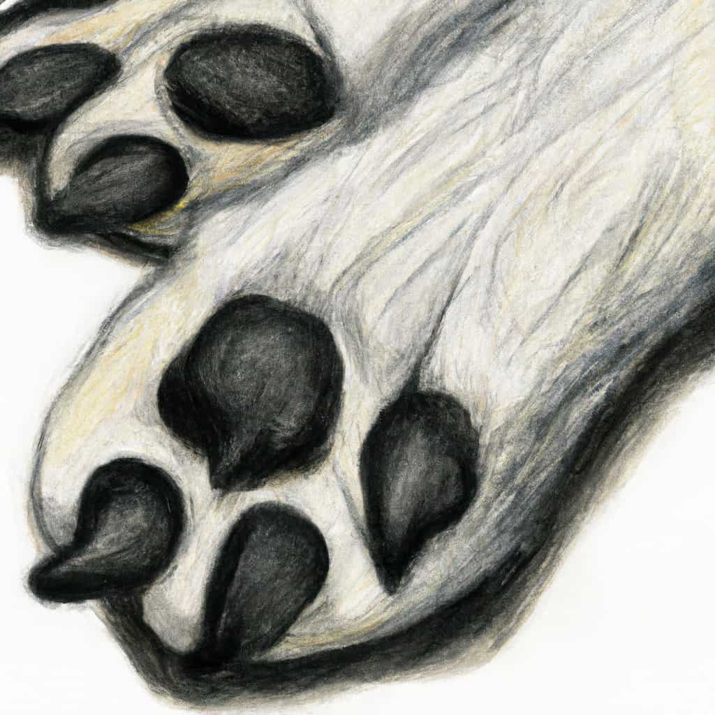 close-up of a dog's foot pads with white patches.