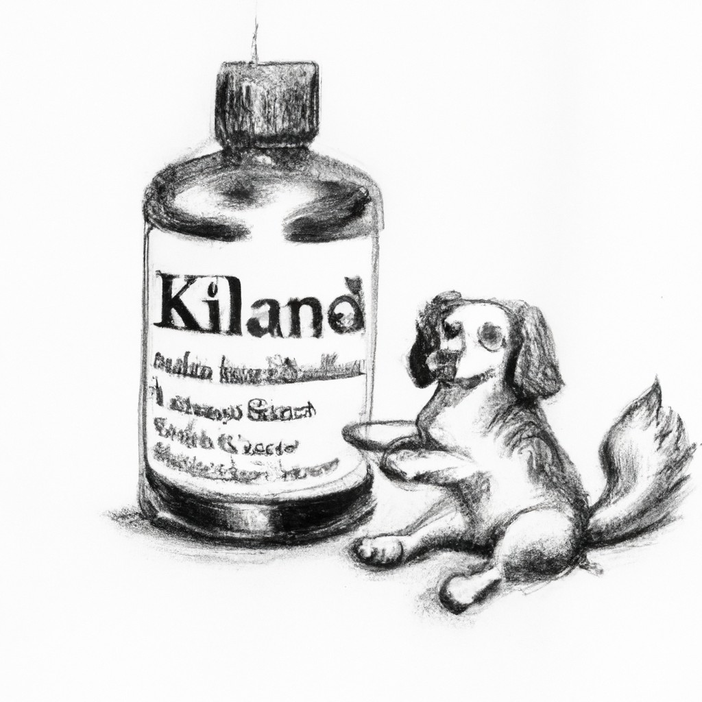 Kirkland Brand Fish Oil bottle and a small dog happily wagging its tail.
