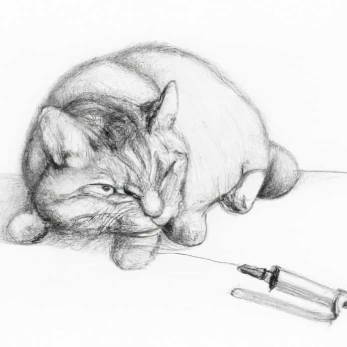 A cat observing a syringe or vaccine.