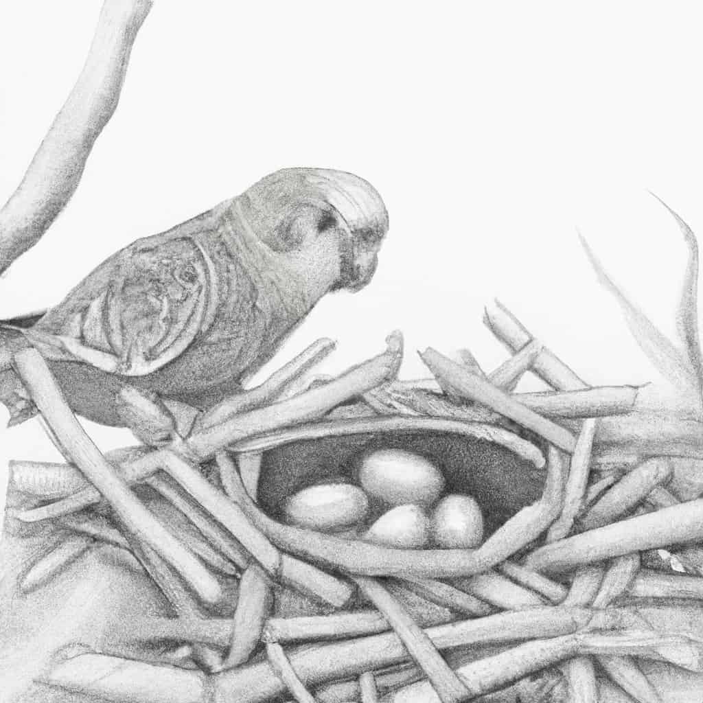 A parakeet surrounded by a few eggs in her nesting area.
