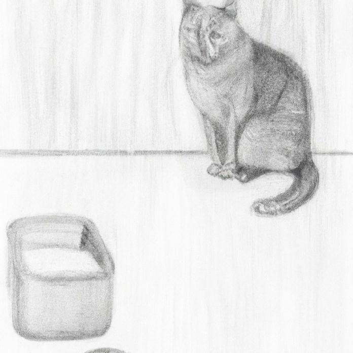 cat sitting next to a litter box