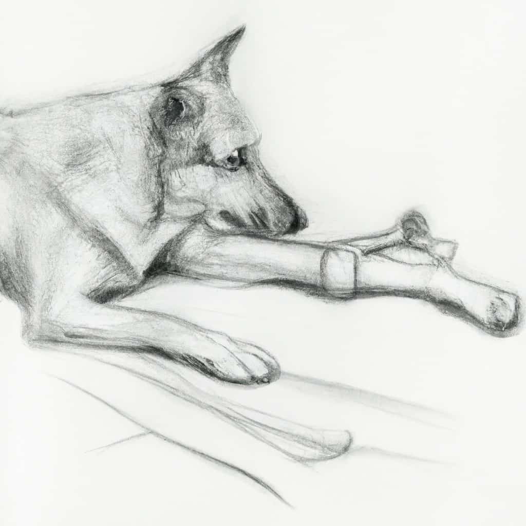Dog lying down carefully with a bandaged leg