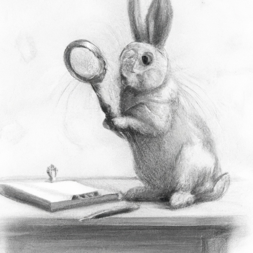 bunny sitting on a table with a magnifying glass nearby