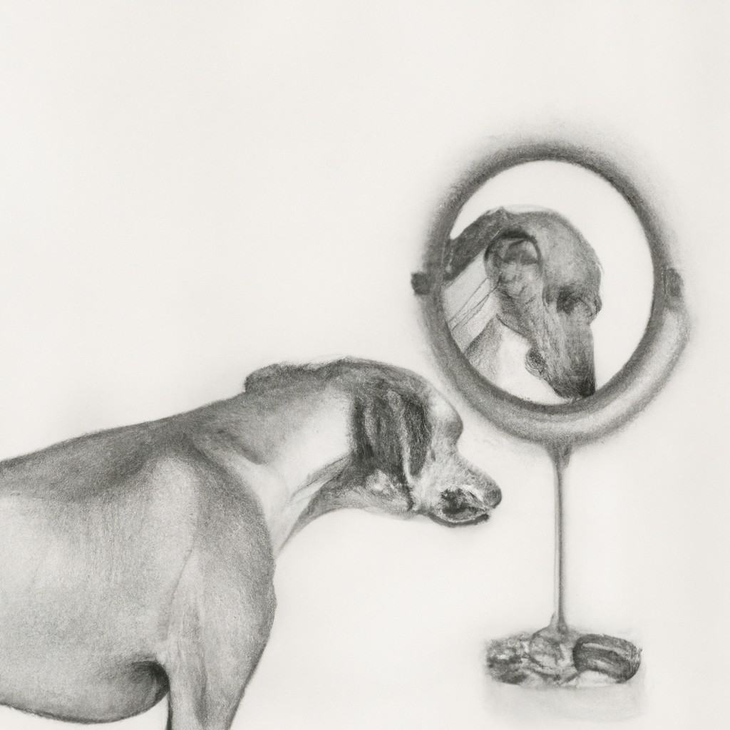 Dog carefully examining a neck lump in a mirror.