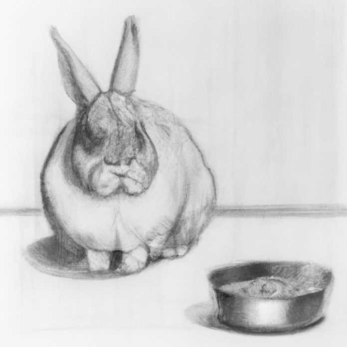 A concerned bunny sitting near its food bowl.