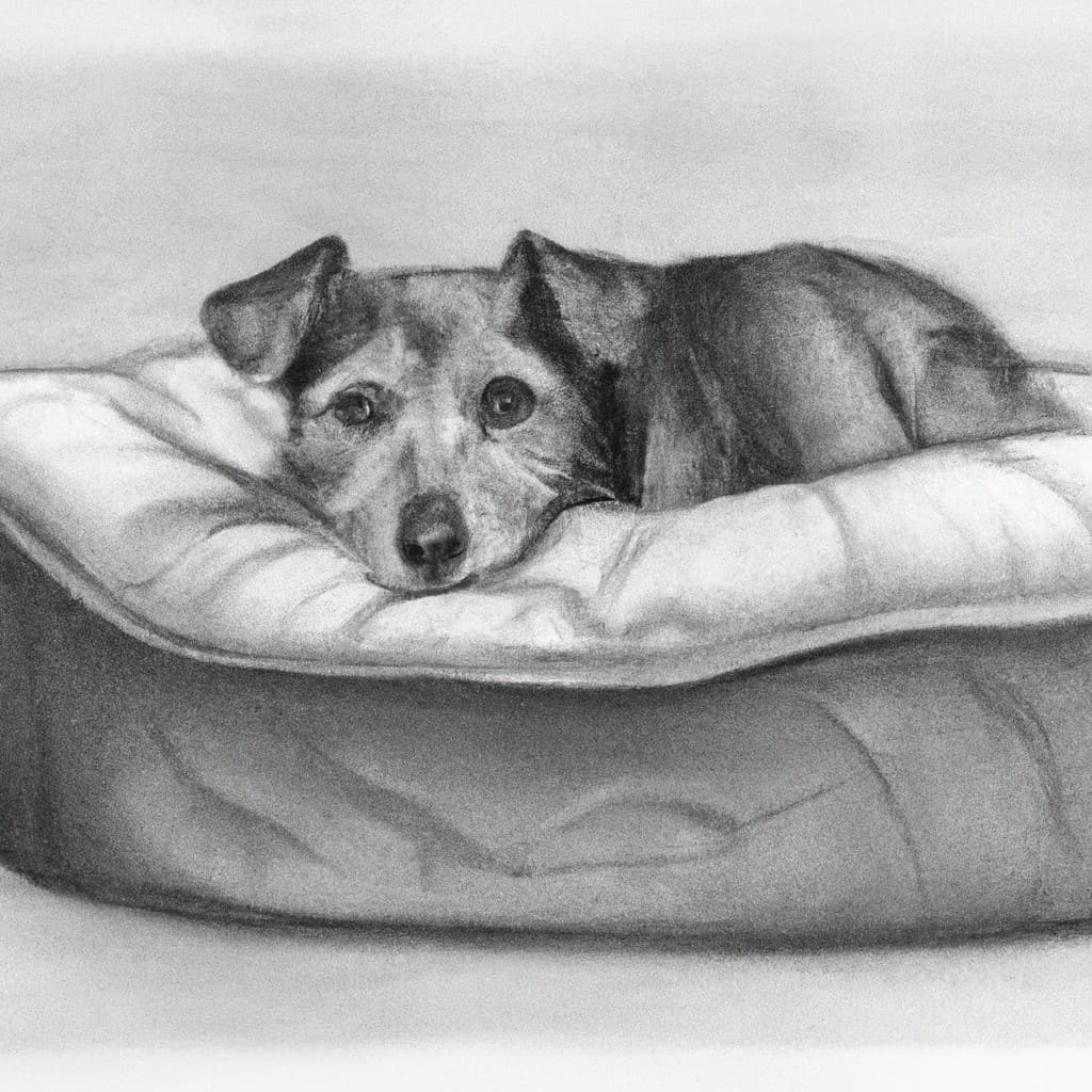 A worried-looking dog lying on a dog bed.