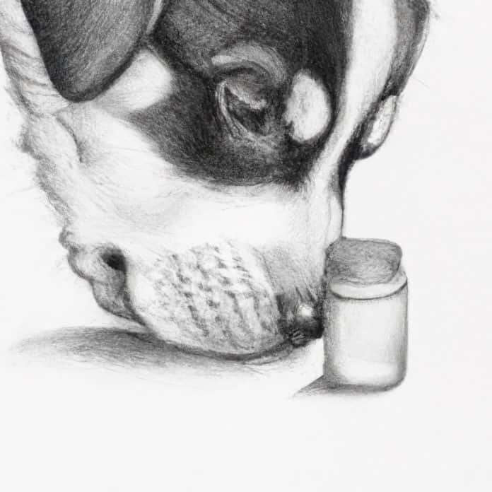 Puppy curiously sniffing on a vitamin bottle.