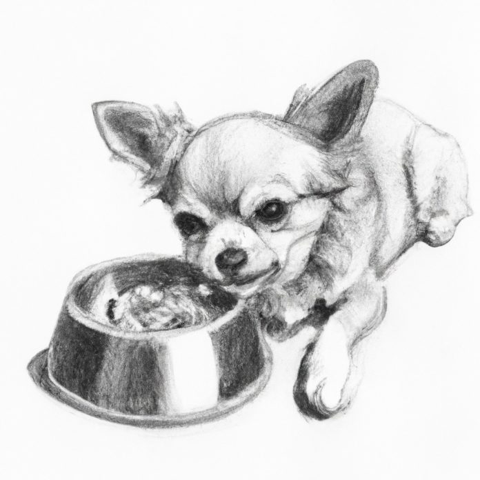 Chihuahua happily eating from a dog bowl.