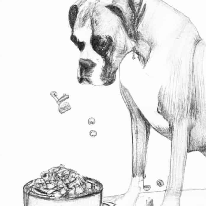 A Boxer dog enjoying a balanced meal.