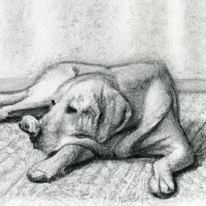 A worried-looking Labrador Retriever resting on a cozy rug.