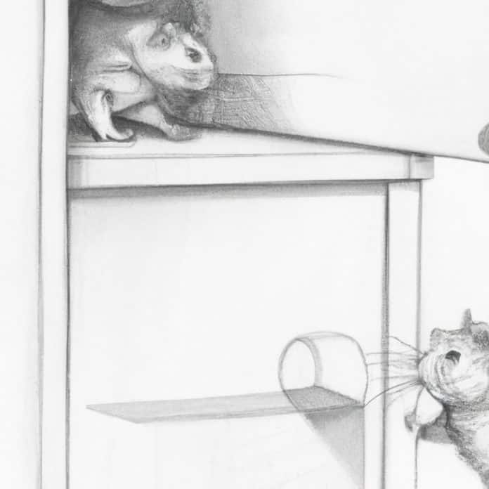 Curious pets exploring a closed medicine cabinet.