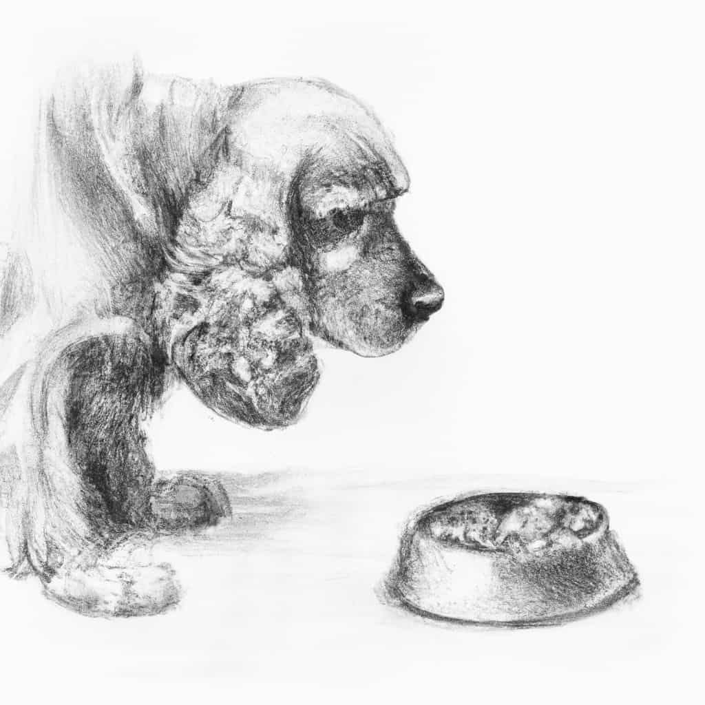 Cocker Spaniel intently looking at a bowl of dog food.