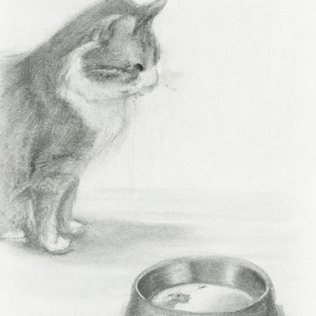 cat looking at food bowl in a new setting