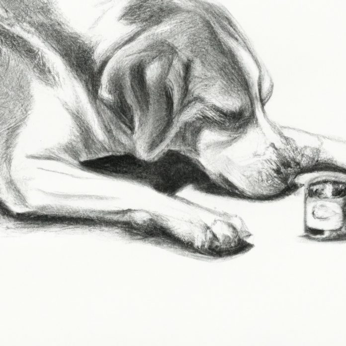 Dog examining a medicine bottle.