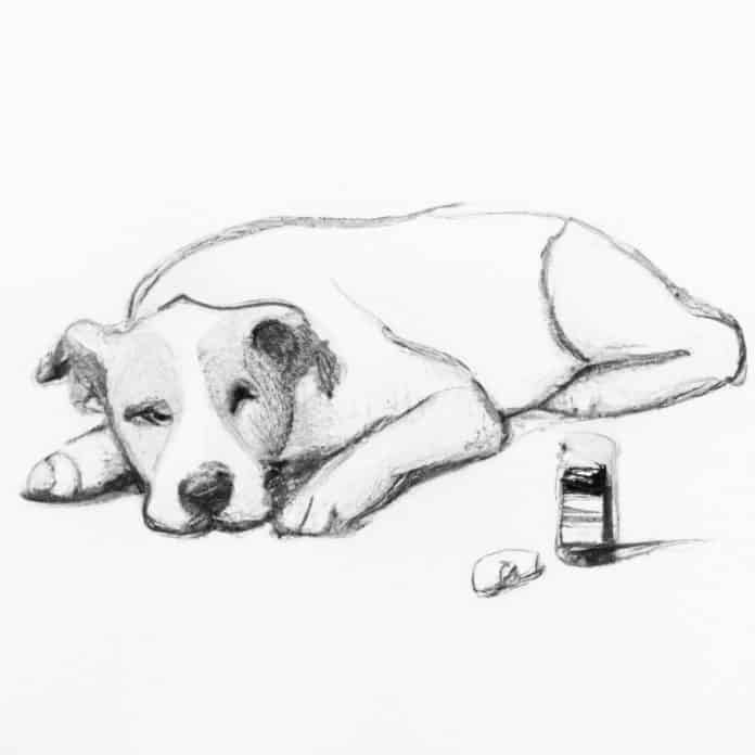 Dog lying down next to a bottle of Benadryl.