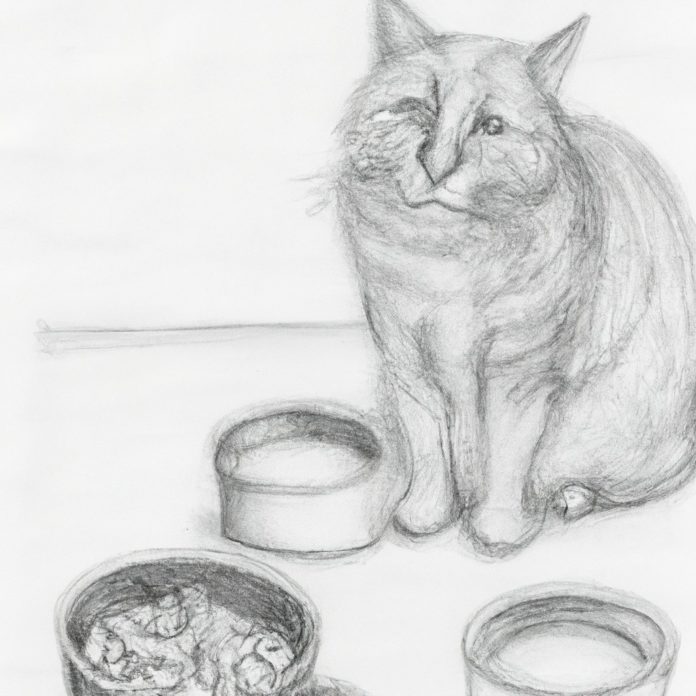 concerned cat sitting with empty food and water bowls